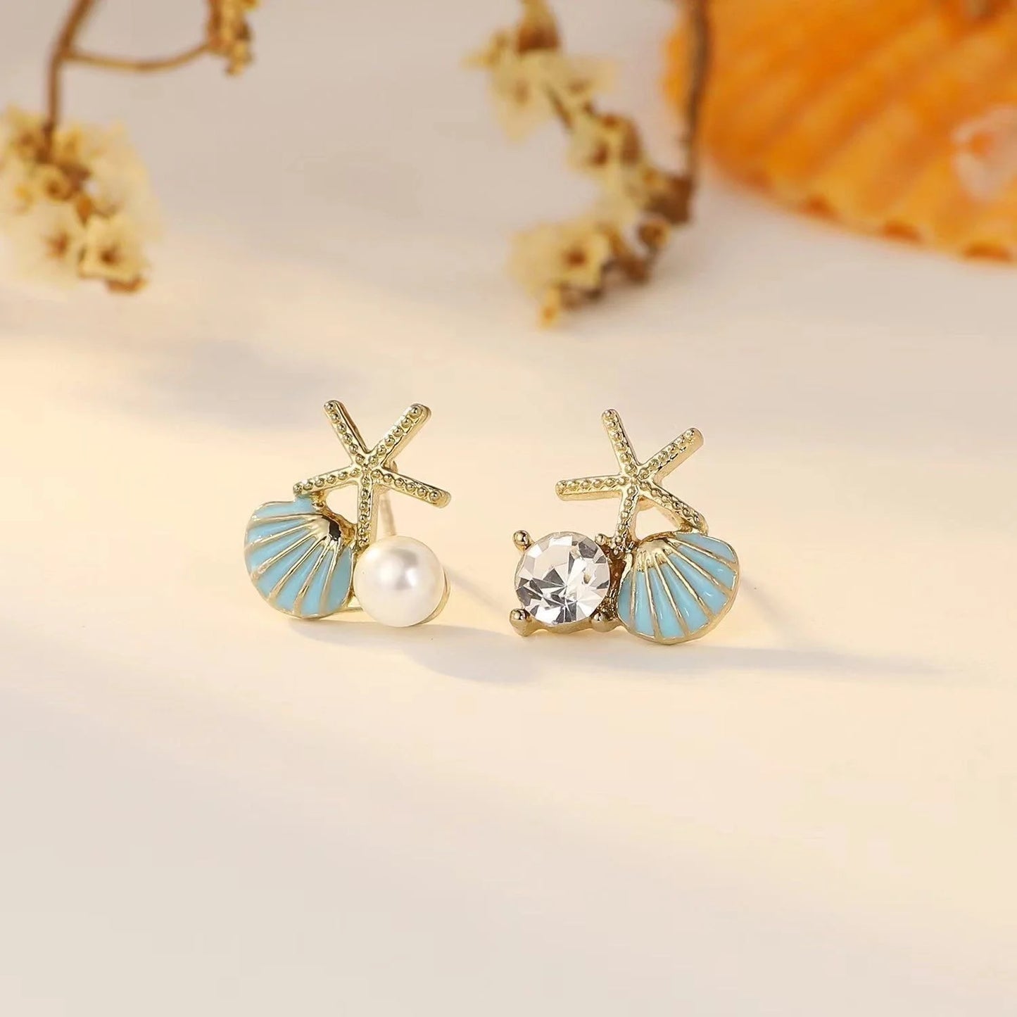 Fashion Asymmetric Ocean Style Earrings Stud For Women Starfish Shell Earring Ear Ring Imitation Pearl Zircon Jewelry Gift
