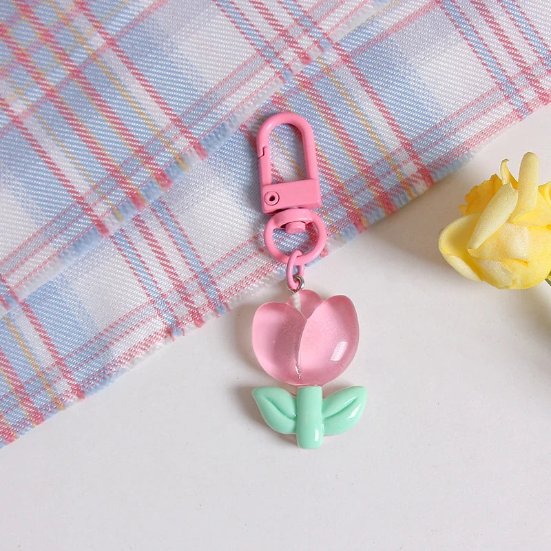 Resin Tulip Keychain Pendant Flower Girl Heart Cute Bag Ornament Headphone Key Case Decoration