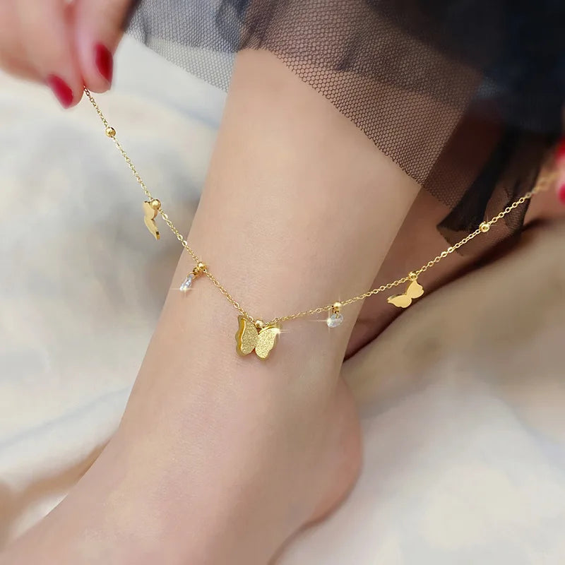 OIMG 316L Stainless Steel Gold Plated Not Fade Korean Sweet Frosting Butterfly Anklet for Women Girl Foot Accessories Waterproof