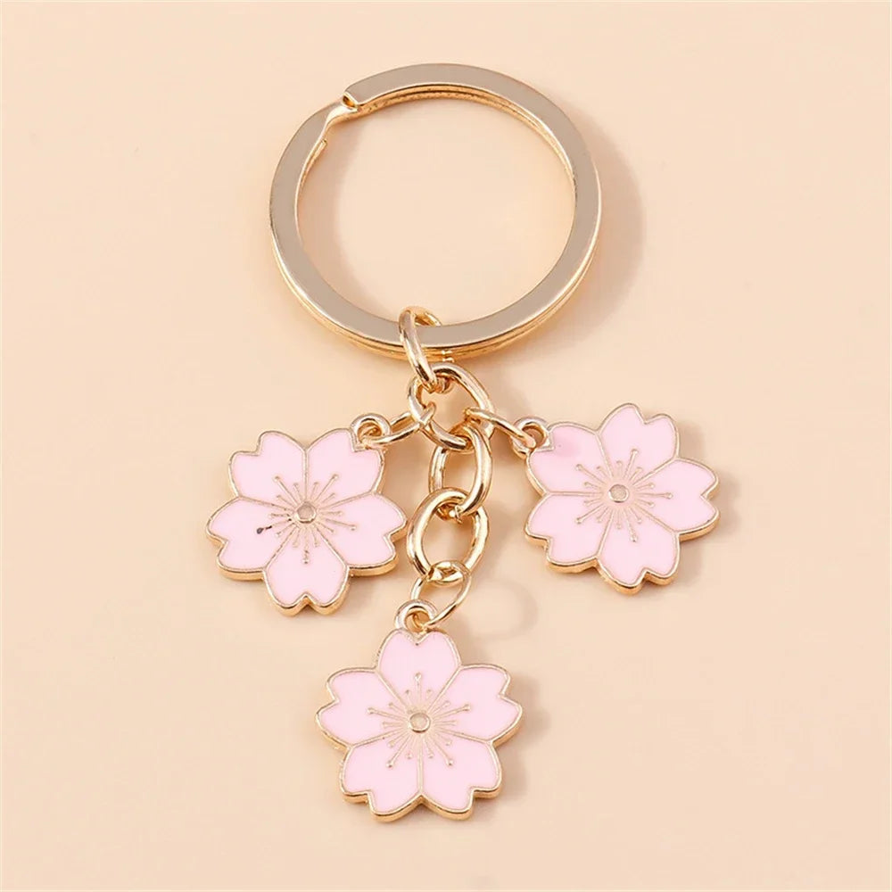 Cute Cherry Blossom Keychain Enamel Flower Pendant Key Chain Couple Car Key Holder Accessories For Women Girls Handbag Jewelry