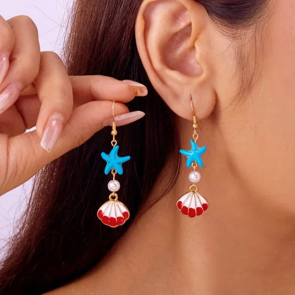 Fashion Asymmetric Ocean Style Earrings Stud For Women Starfish Shell Earring Ear Ring Imitation Pearl Zircon Jewelry Gift