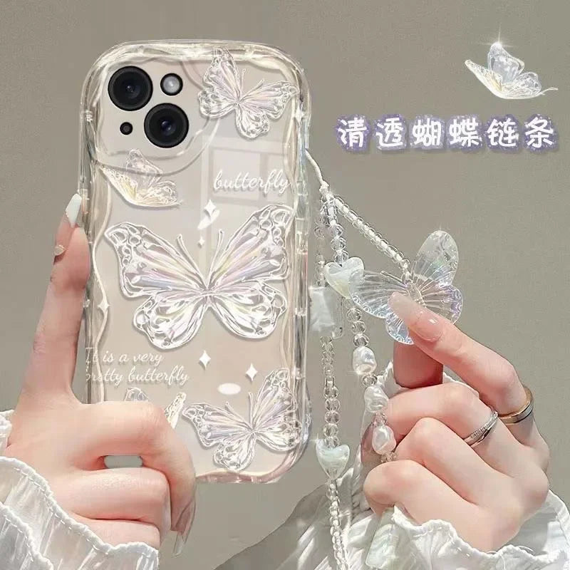 Korean Butterfly Bracelet Chain Case For iPhone 16 15 12 11 Pro Max 14 Plus 13 Mini 16E X XS XR 7 8 Plus SE Funda With Lanyard