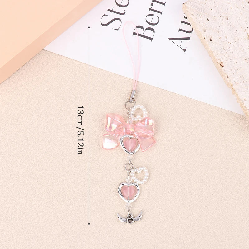 Kawaii Clear Heart Bow Knot Pendant Phone Charm Strap Camera Lanyard Sweet Cool Girl Jewelry Keychain