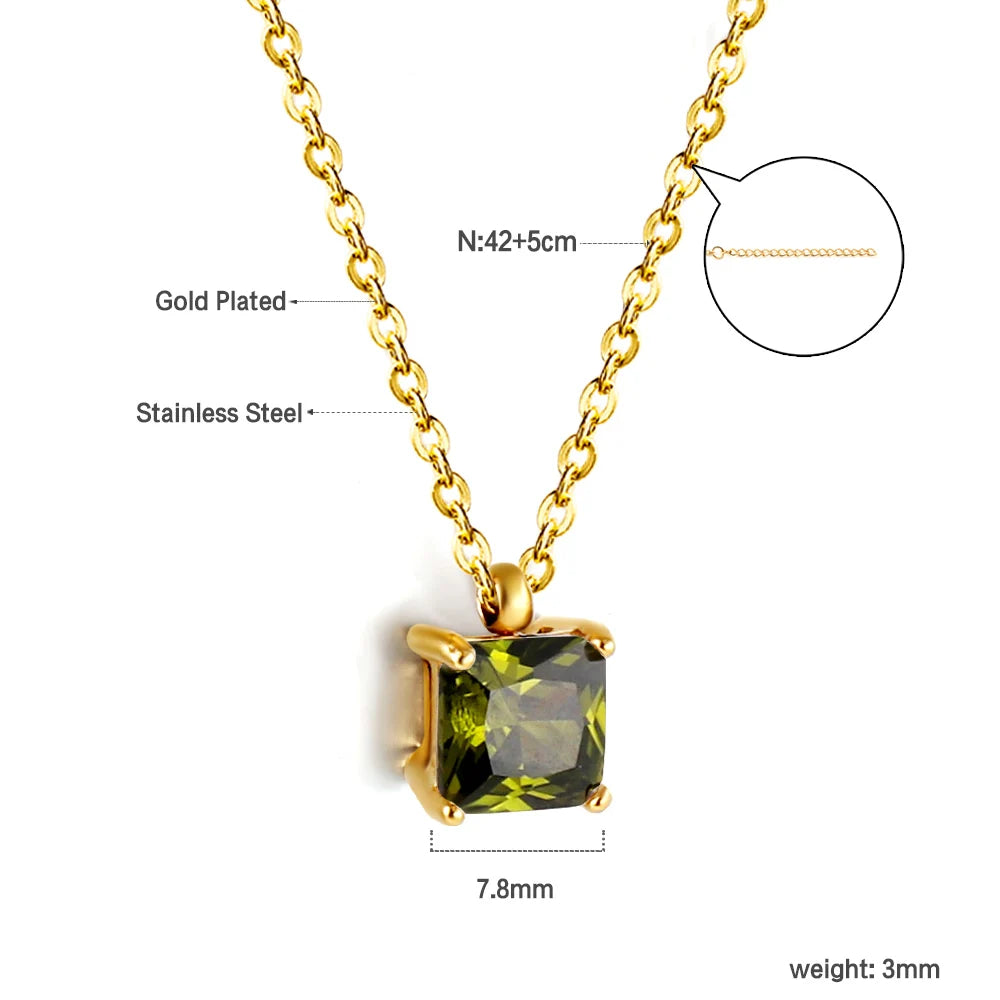 LUXUSTEEL Retro Colorful Square Crystal Pendant Necklace For Women Stainless Steel Figaro Chain Green White Red CZ Wedding Gift