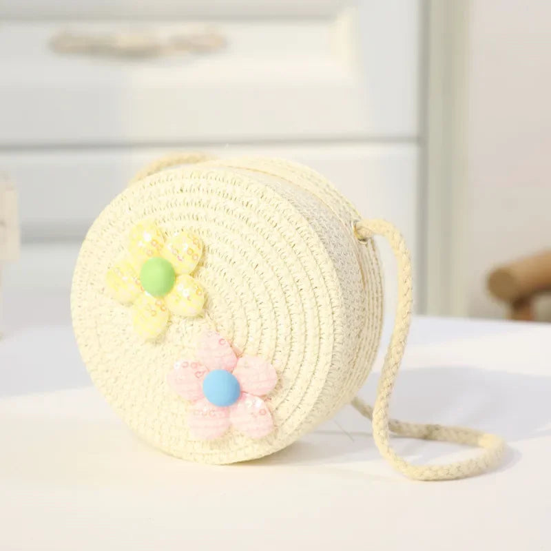 Fashion Round Woven Bow Girls Crossbody Bag Simple Baby Kids Beach Purse Clutch Casual Straw Flower Children's Shoulder Bags