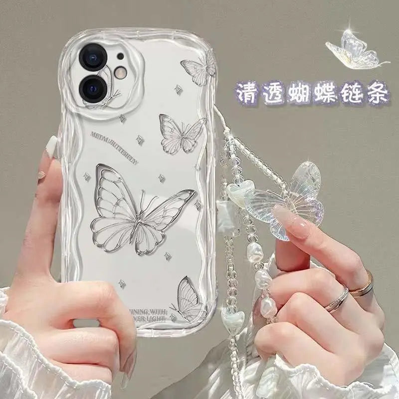 Korean Butterfly Bracelet Chain Case For iPhone 16 15 12 11 Pro Max 14 Plus 13 Mini 16E X XS XR 7 8 Plus SE Funda With Lanyard