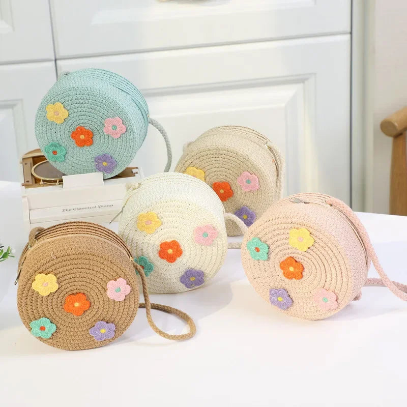 Fashion Round Woven Bow Girls Crossbody Bag Simple Baby Kids Beach Purse Clutch Casual Straw Flower Children's Shoulder Bags