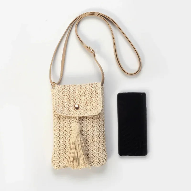 Women Straw Beach Bag Holiday Mobile Phone Shouder Bag Summer Tassel Mini Crossbody Bag for Lady Gril Travel Bohemian Style