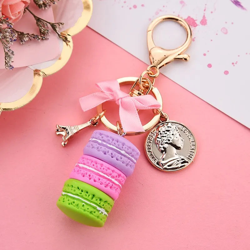 Lovely Macaron Cake Eiffel Tower Food Keychain Bowknot Car Keyring Bag Purse Pendant Food Cake Macaroon Key Chain
