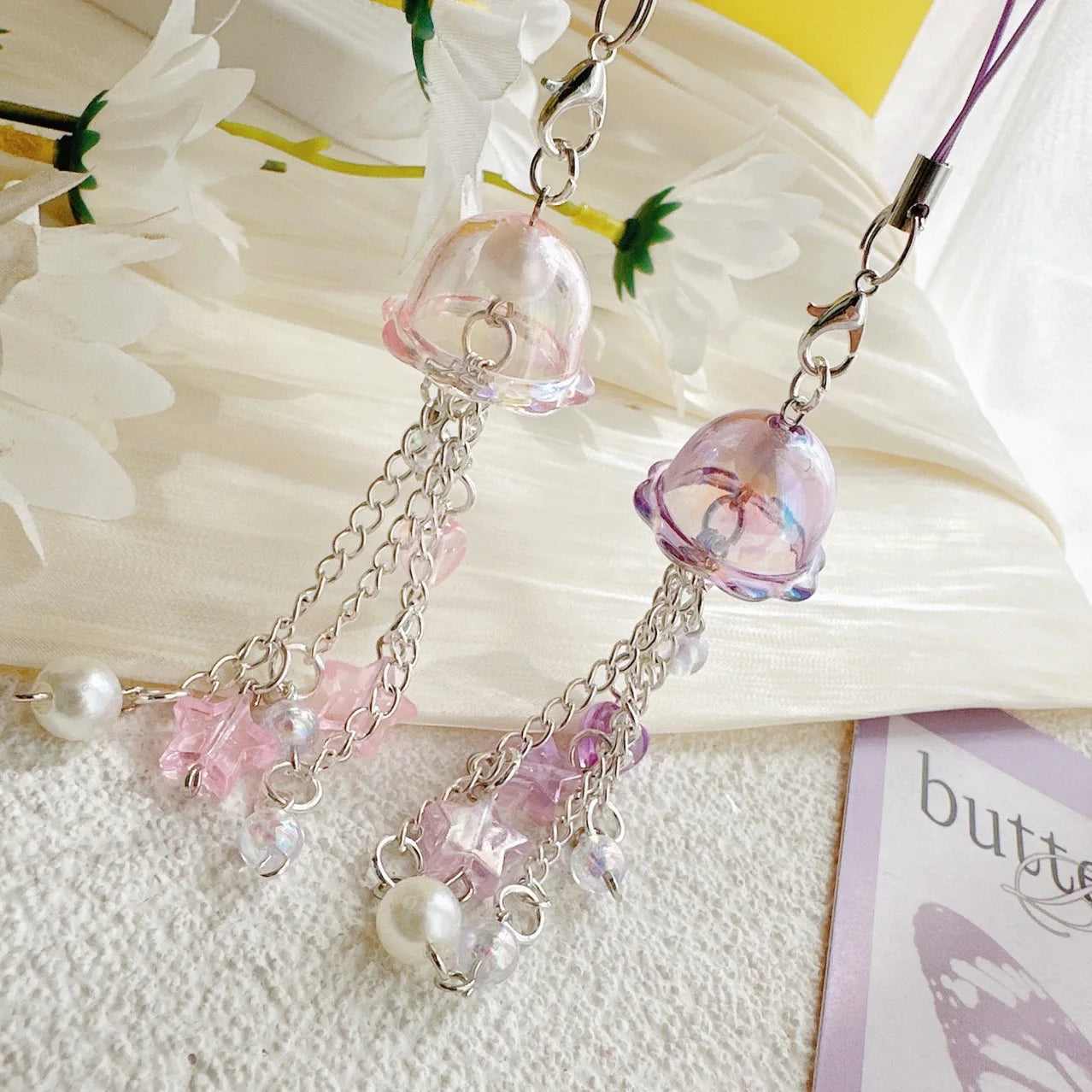 Phone Charm Strap Jellyfish Wind Chime Lily Flower Pendant Keychain Cute Key Phone Lanyard Women Girl Bag Ornament
