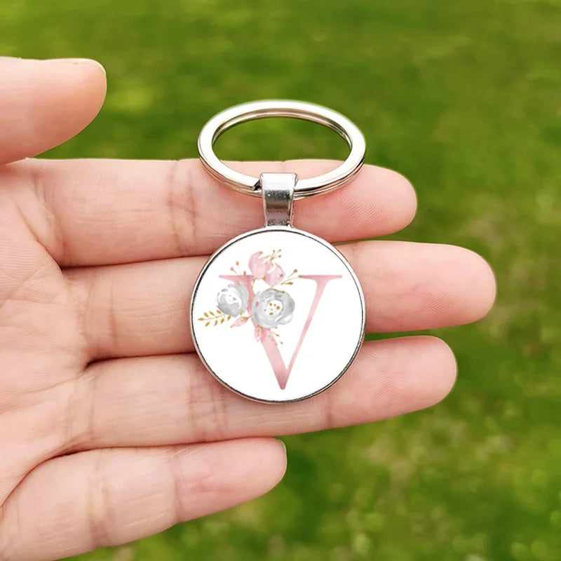 26 Letter Keychain Wholesale Creative Flower Alphabet ABCD Name Design Glass Cabochon Key Chain Christmas Gift for Friends
