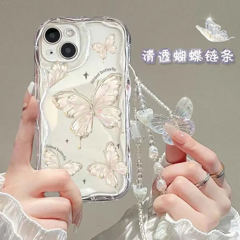 Korean Butterfly Bracelet Chain Case For iPhone 16 15 12 11 Pro Max 14 Plus 13 Mini 16E X XS XR 7 8 Plus SE Funda With Lanyard