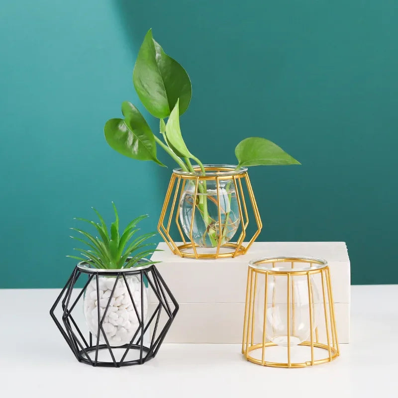 Nordic Golden Glass Vase Plant Stand Glass Container Geometric Home Decor Modern Metal Vase Hydroponic Plant Flowers Wire Vase