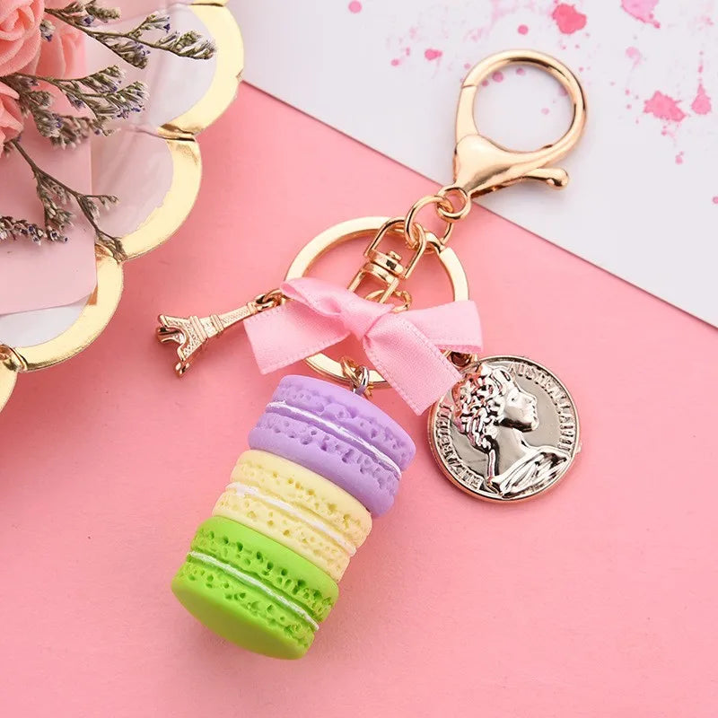 Lovely Macaron Cake Eiffel Tower Food Keychain Bowknot Car Keyring Bag Purse Pendant Food Cake Macaroon Key Chain