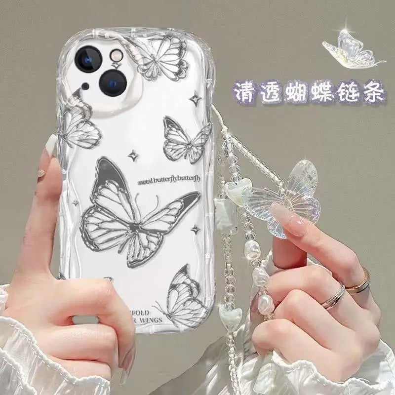 Korean Butterfly Bracelet Chain Case For iPhone 16 15 12 11 Pro Max 14 Plus 13 Mini 16E X XS XR 7 8 Plus SE Funda With Lanyard