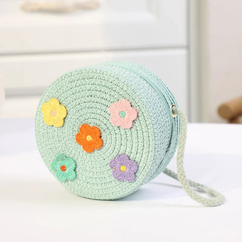 Fashion Round Woven Bow Girls Crossbody Bag Simple Baby Kids Beach Purse Clutch Casual Straw Flower Children's Shoulder Bags