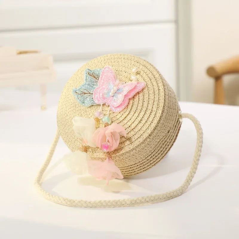 Fashion Round Woven Bow Girls Crossbody Bag Simple Baby Kids Beach Purse Clutch Casual Straw Flower Children's Shoulder Bags