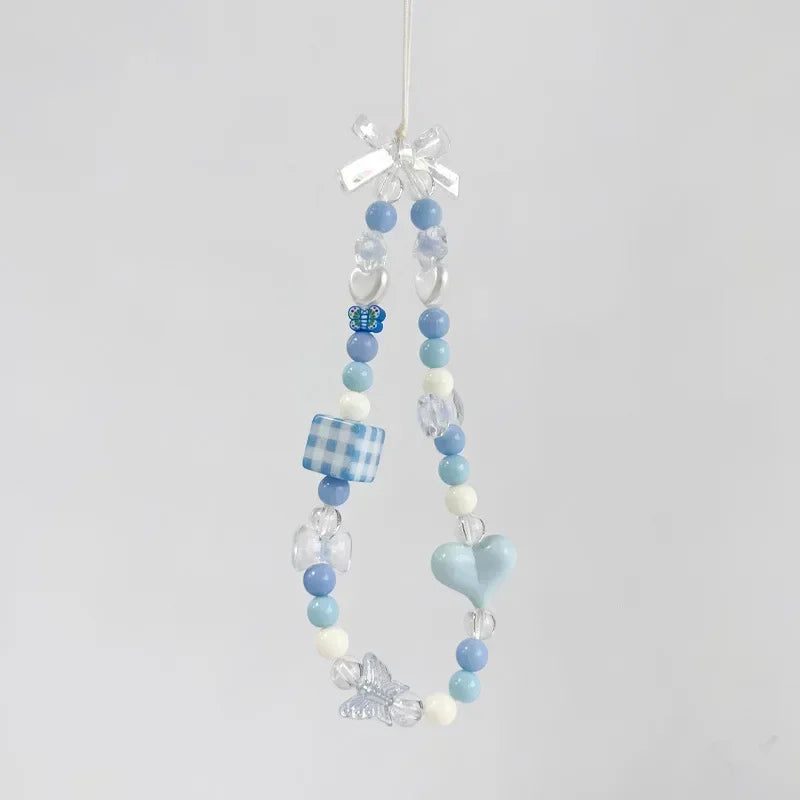 1Pc Blue Lovely INS Small Fresh Crystal Beaded Mobile Phone Lanyard Casual Cute Girl CCD Bag Key Chain Strap DIY Decor Pendant