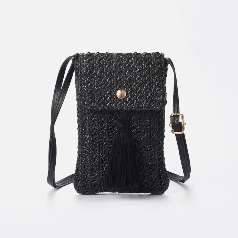Women Straw Beach Bag Holiday Mobile Phone Shouder Bag Summer Tassel Mini Crossbody Bag for Lady Gril Travel Bohemian Style