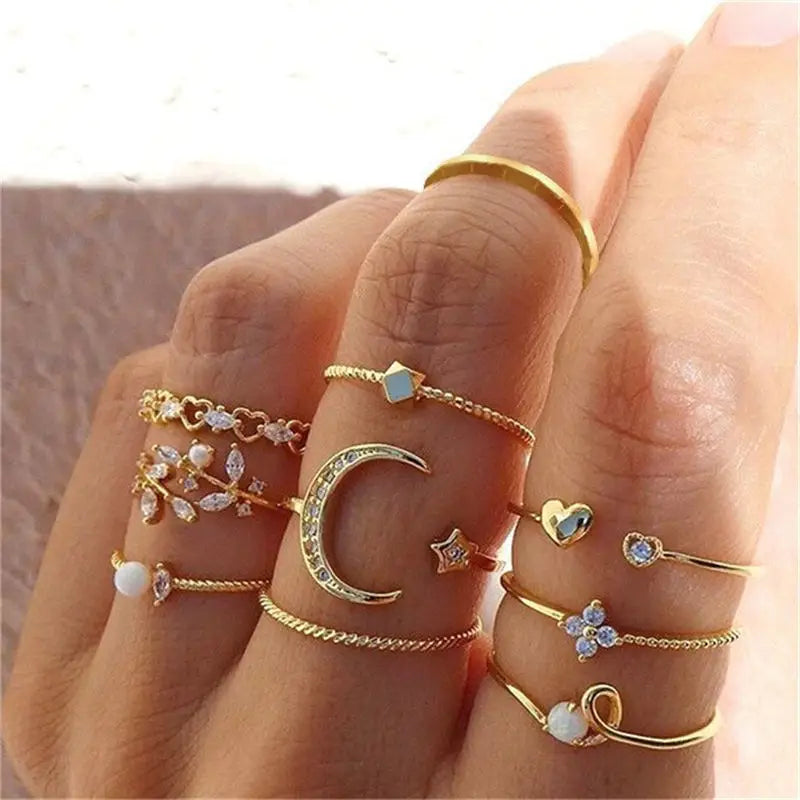 Boho Gold Color Heart Rings Set For Women Cubic Zirconia Star Moon Arrow Flower Finger Rings Female Trendy Jewelry Gifts
