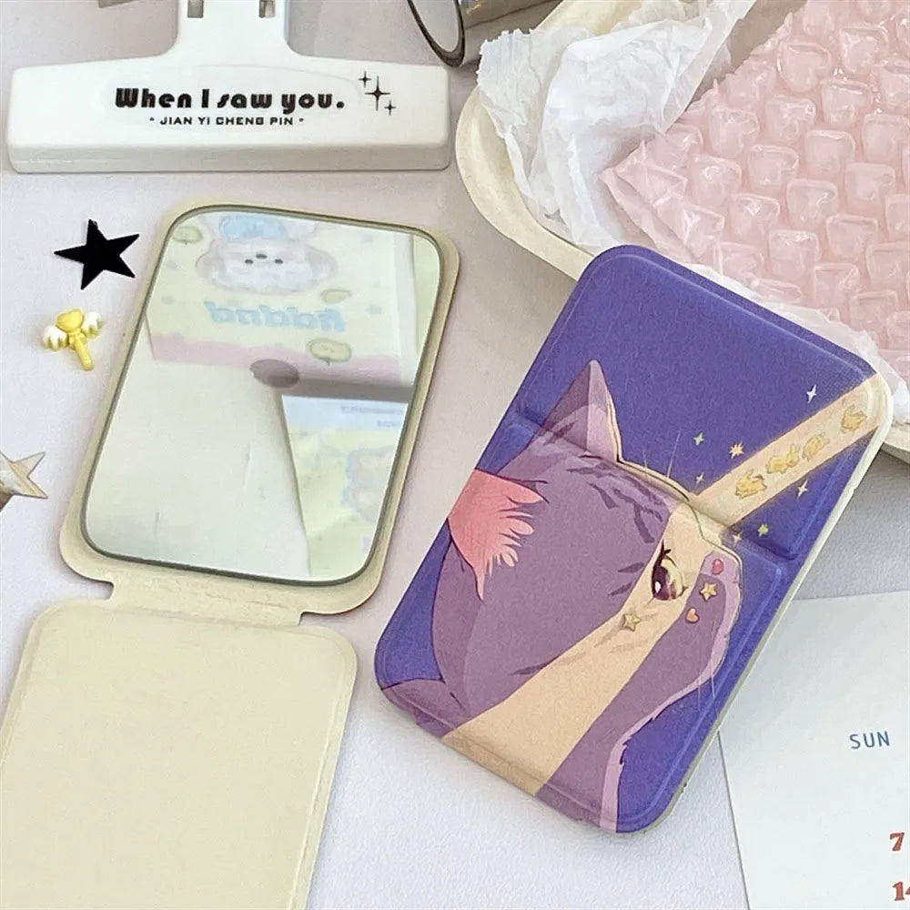 Portable Foldable Makeup Mirror PU Leather Handheld Mirrors Cute Bow Bunny Cat Bear Mini Pocket Girls Student Cosmetic Mirror