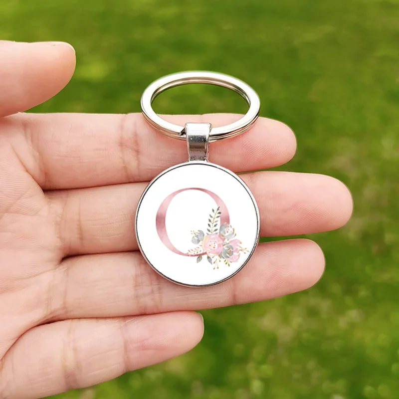 26 Letter Keychain Wholesale Creative Flower Alphabet ABCD Name Design Glass Cabochon Key Chain Christmas Gift for Friends