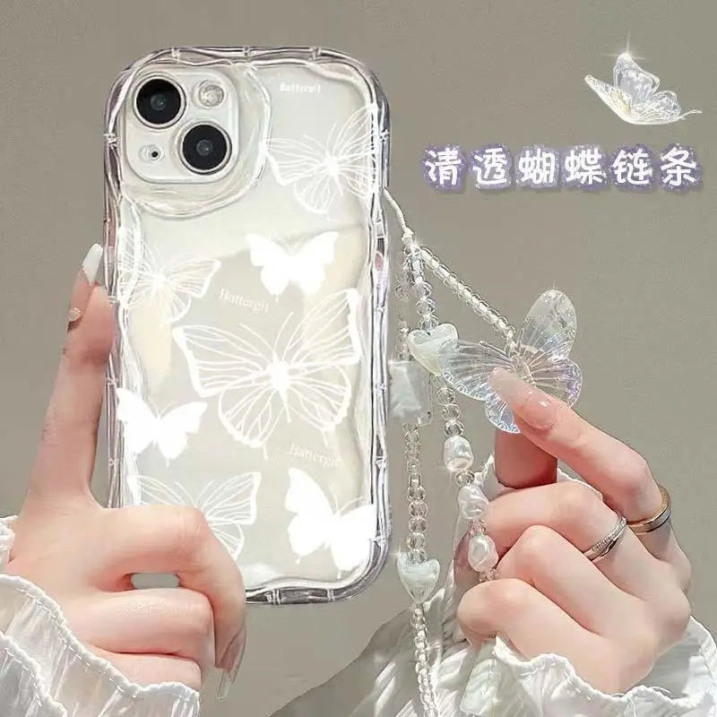 Korean Butterfly Bracelet Chain Case For iPhone 16 15 12 11 Pro Max 14 Plus 13 Mini 16E X XS XR 7 8 Plus SE Funda With Lanyard