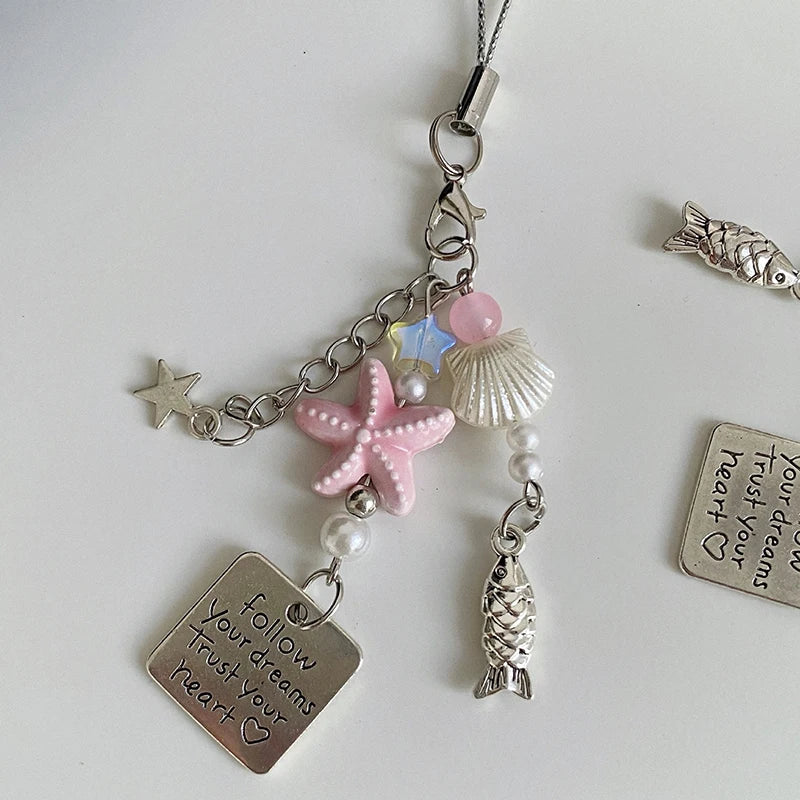Summer Starfish Fish Phone Chain Y2K Sweet Beaded Mobile Phone Lanyard Keychain Girly Cute Ins Phone Charm Pendant