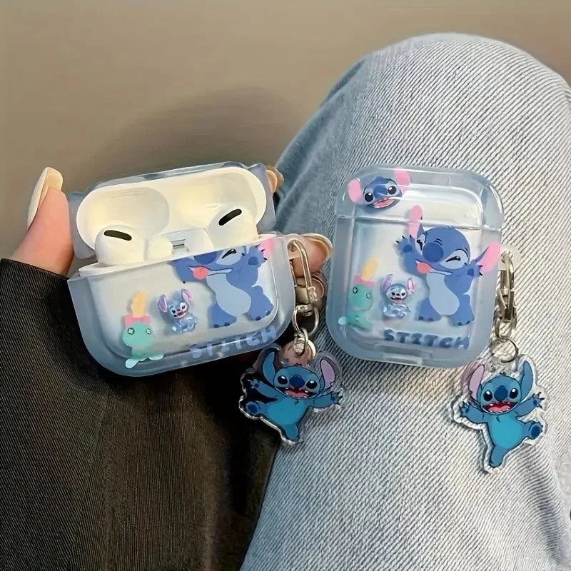 Kawaii Cartoon Stitch Case For Airpods 4 3 2 1 Pro Pro2 Anime Lilo & Stitch Protective Earphone Cover With Key Ring Kids Gifts