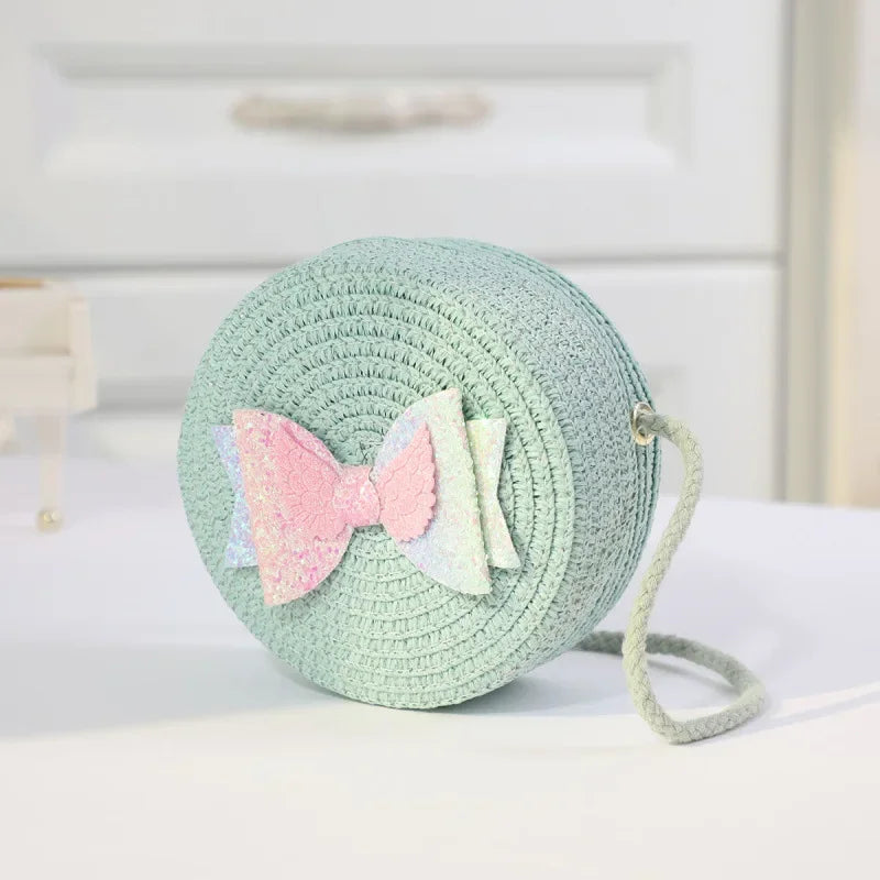 Fashion Round Woven Bow Girls Crossbody Bag Simple Baby Kids Beach Purse Clutch Casual Straw Flower Children's Shoulder Bags