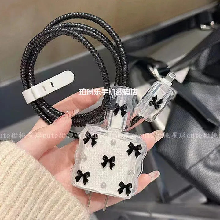 Kawaii Bow Charger Data Cable Case Protector Winding Kit for IPhone 16 15 20W Shining Bowknot Cellphone Charger Protective Case
