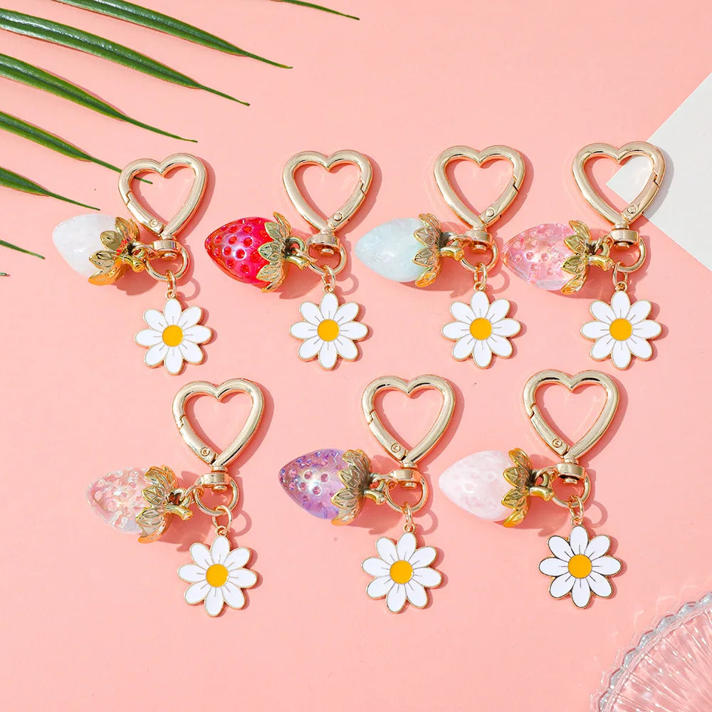 ZAKOL Fresh Strawberry Pendant Keychain Flower Charm Keyrings Ornament Backpack Wallet Pendants Girls Fashion Jewelry Gift