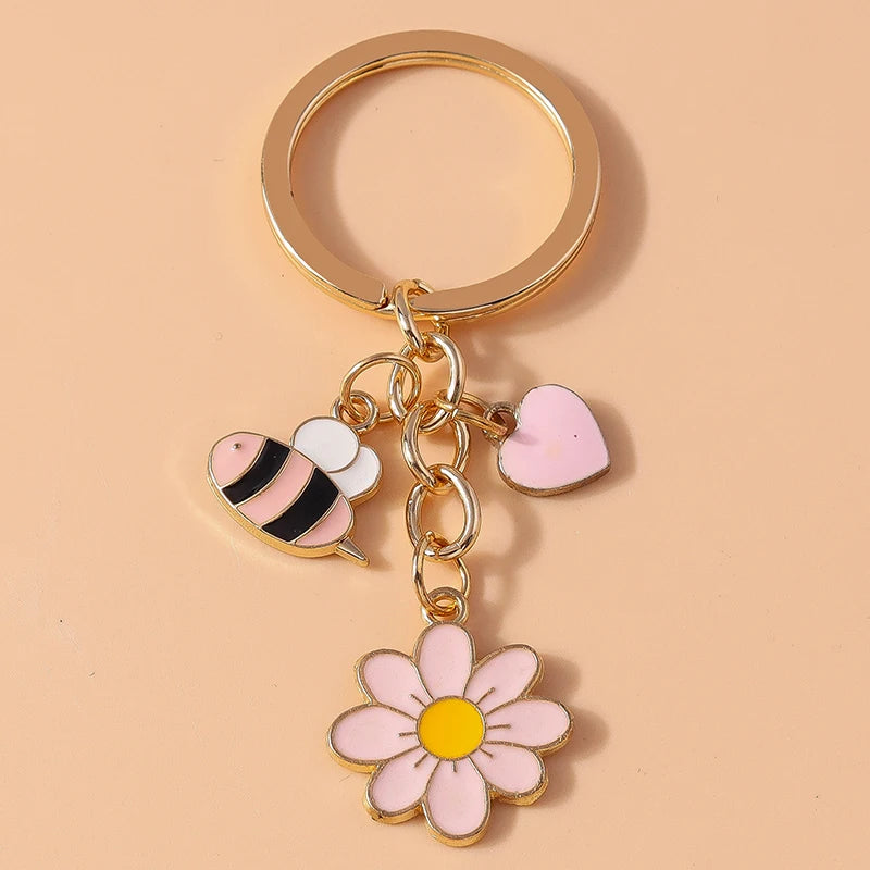 Cute Enamel Flower Keychain Butterfly Key Rings Pendants for Key Holder Women Girls Handbag Decor DIY Jewelry Gifts