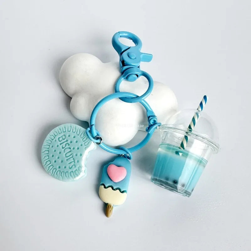 1Pcs New Cute Keychains Ice-cream Bubble Tea Biscuit Pink Key Rings Friendship for Best Friend Women Girl Handbag Gifts Jewelry