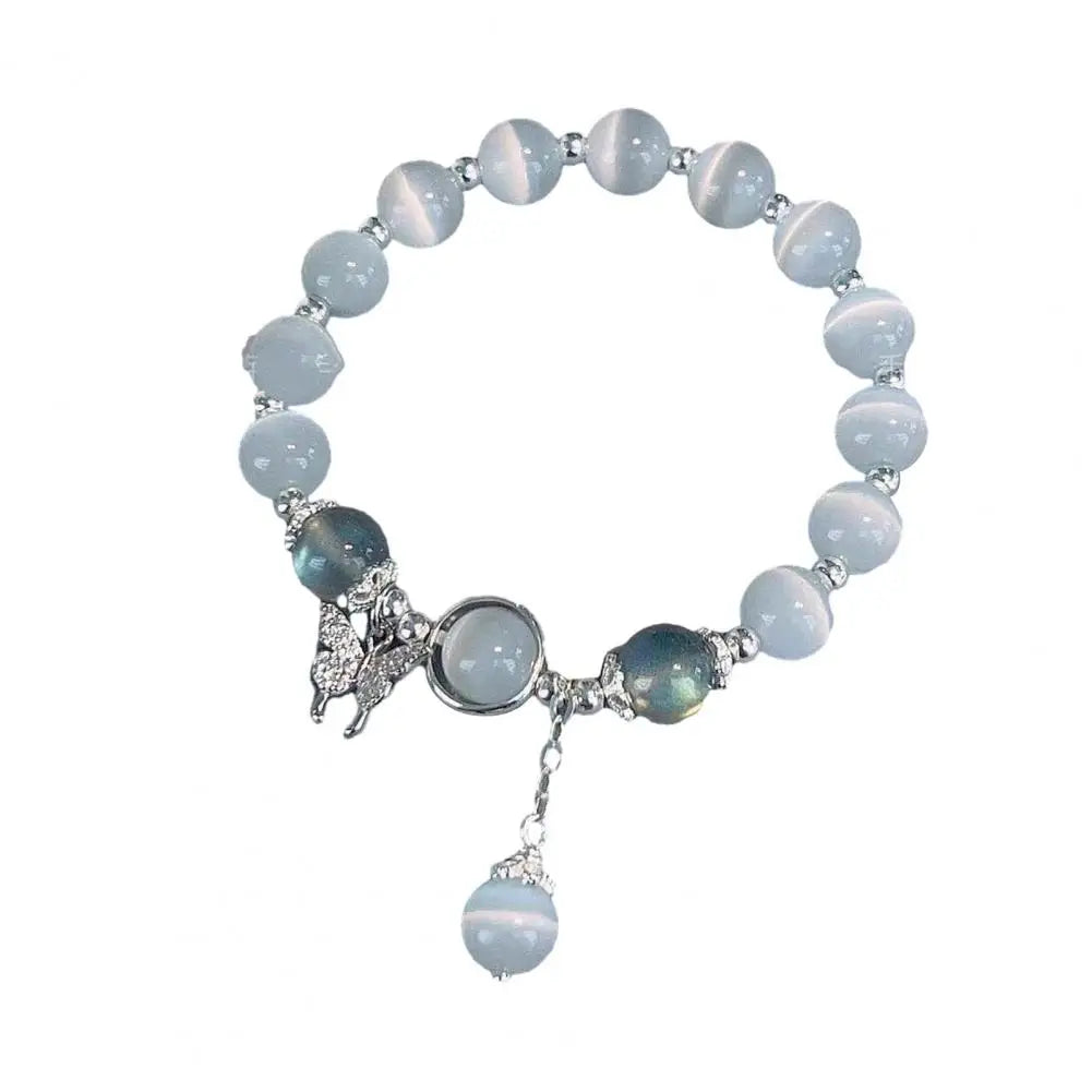 Women Bracelet Imitation Opal Butterfly Pendant Elastic Bead Chain Bracelet Lady Birthday Gift Exquisite Wrist Bracelet Jewelry