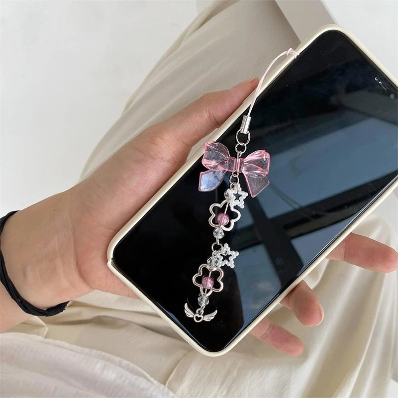 Kawaii Clear Heart Bow Knot Pendant Phone Charm Strap Camera Lanyard Sweet Cool Girl Jewelry Keychain