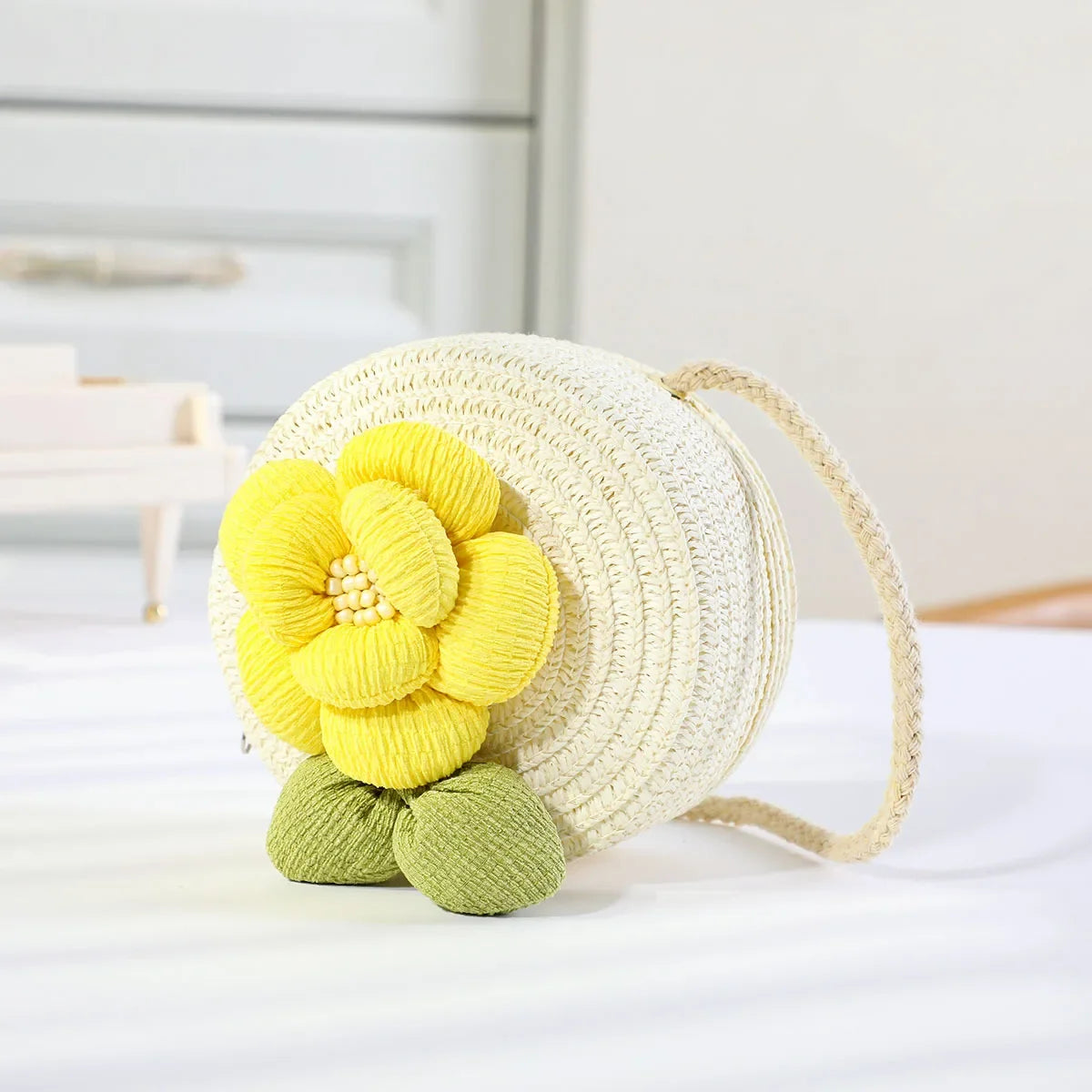 Fashion Round Woven Bow Girls Crossbody Bag Simple Baby Kids Beach Purse Clutch Casual Straw Flower Children's Shoulder Bags