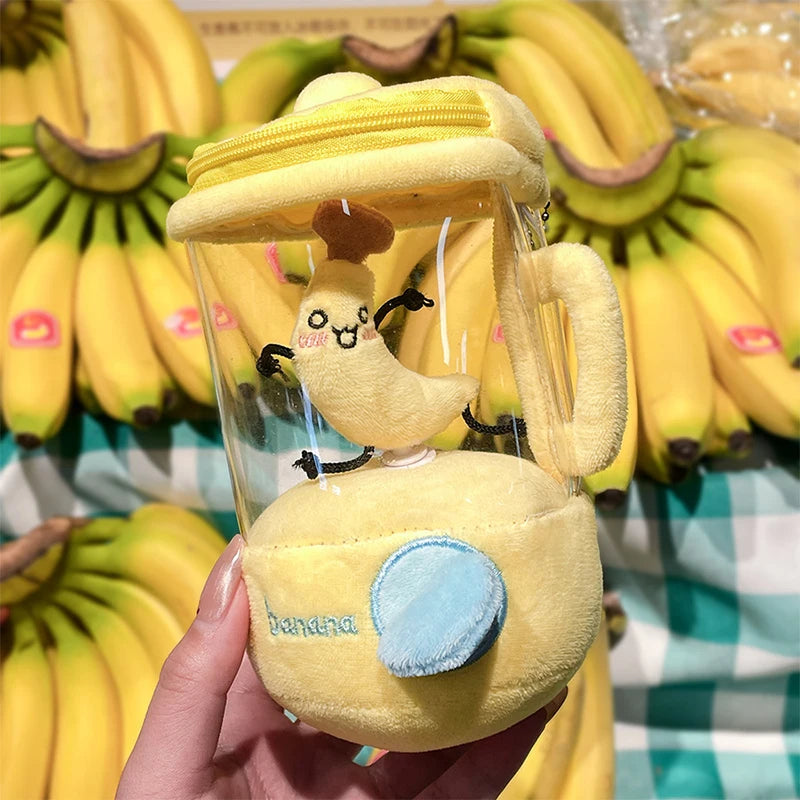 Cute Cartoon Fruit Juicer Plush Toy Keychain Funny Drawstring Rotating Stuffed Doll Keychain Creative Backpack Decoration Gifts