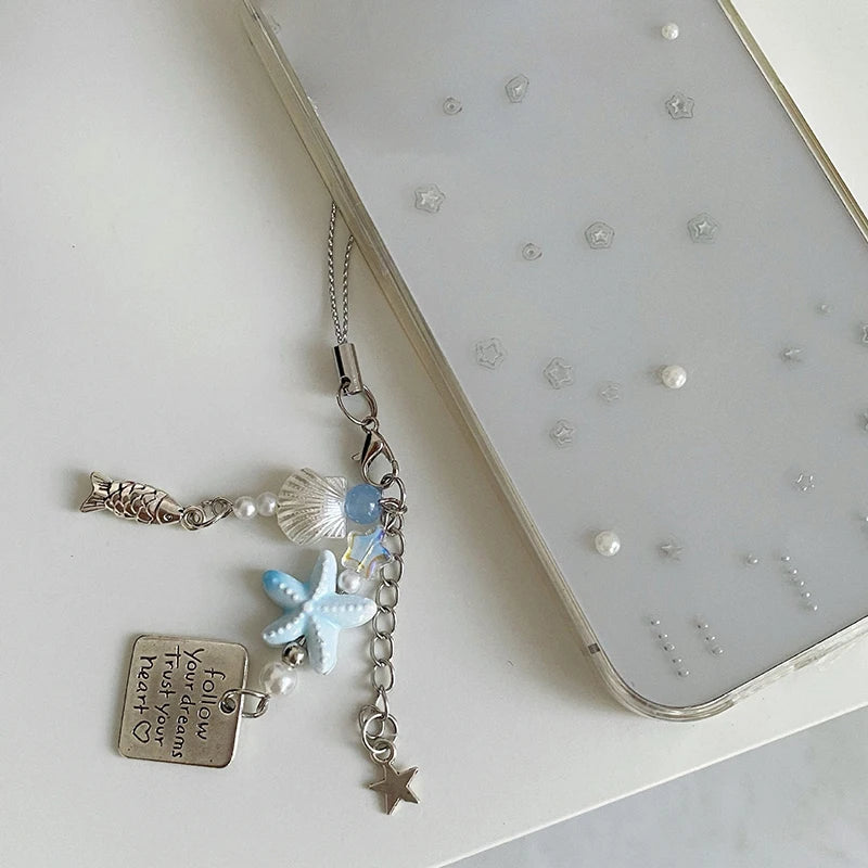 Summer Starfish Fish Phone Chain Y2K Sweet Beaded Mobile Phone Lanyard Keychain Girly Cute Ins Phone Charm Pendant