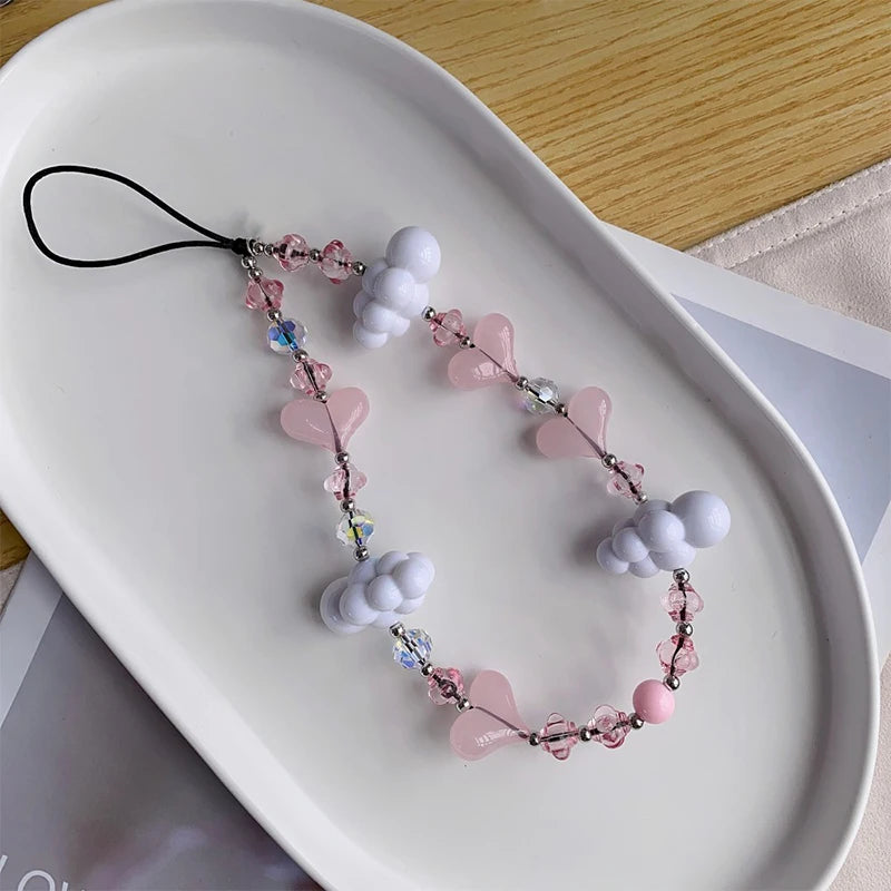 Y2K Korean Love Heart Phone Chains Girls Mobile Phone Charm Strap Sweet Cloud Pendant Phone Case Hanging Lanyard Accessories