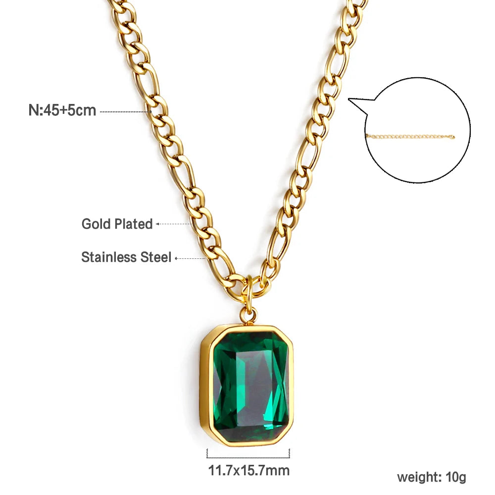 LUXUSTEEL Retro Colorful Square Crystal Pendant Necklace For Women Stainless Steel Figaro Chain Green White Red CZ Wedding Gift