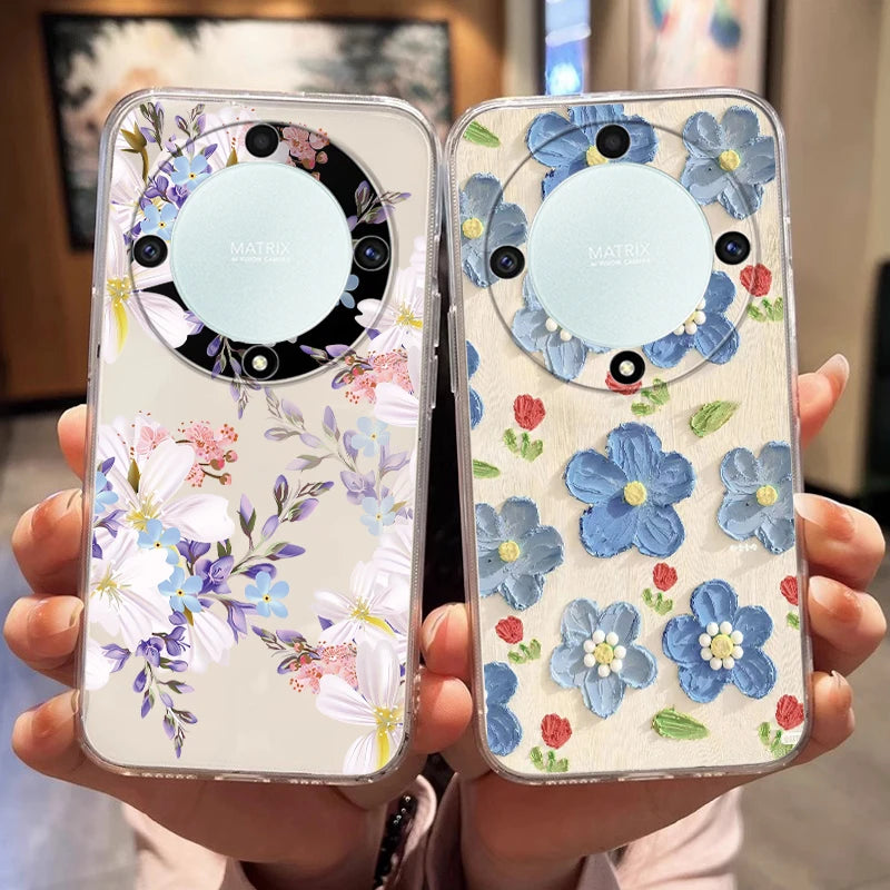 Blue Light Flowers Phone Case For Honor 90 Lite 200 Pro 200 Lite X9c X9a X9b Magic 5 6 Lite 20 Huawei Mate 20 Pro 5G Clear Cover