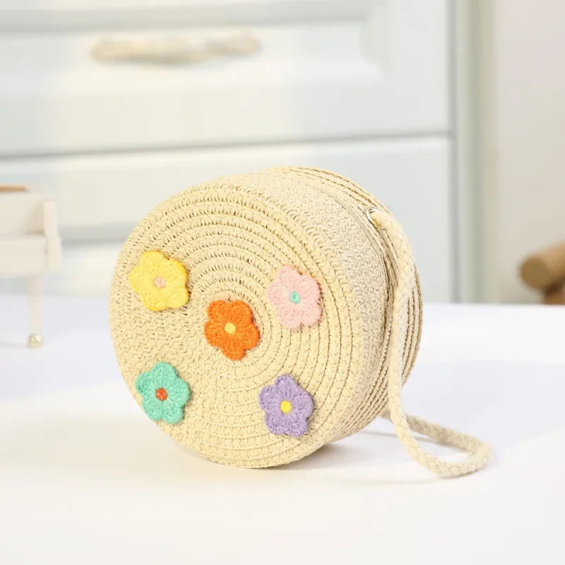 Fashion Round Woven Bow Girls Crossbody Bag Simple Baby Kids Beach Purse Clutch Casual Straw Flower Children's Shoulder Bags