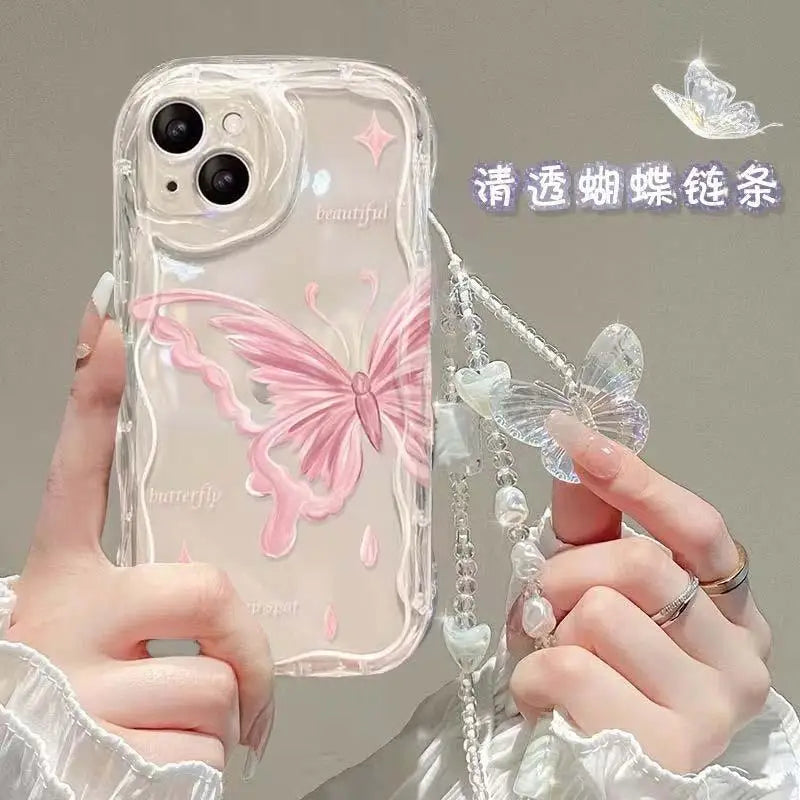 Korean Butterfly Bracelet Chain Case For iPhone 16 15 12 11 Pro Max 14 Plus 13 Mini 16E X XS XR 7 8 Plus SE Funda With Lanyard
