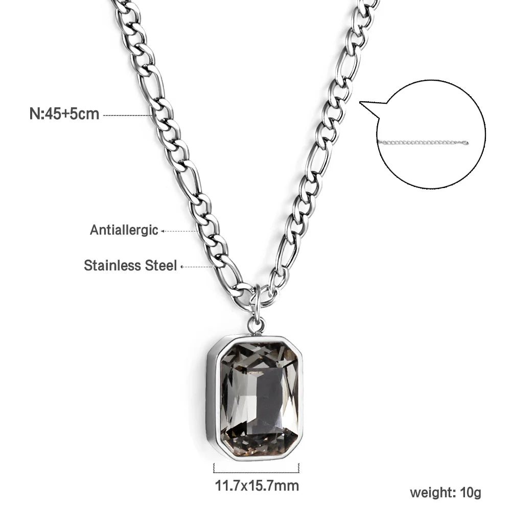 LUXUSTEEL Retro Colorful Square Crystal Pendant Necklace For Women Stainless Steel Figaro Chain Green White Red CZ Wedding Gift