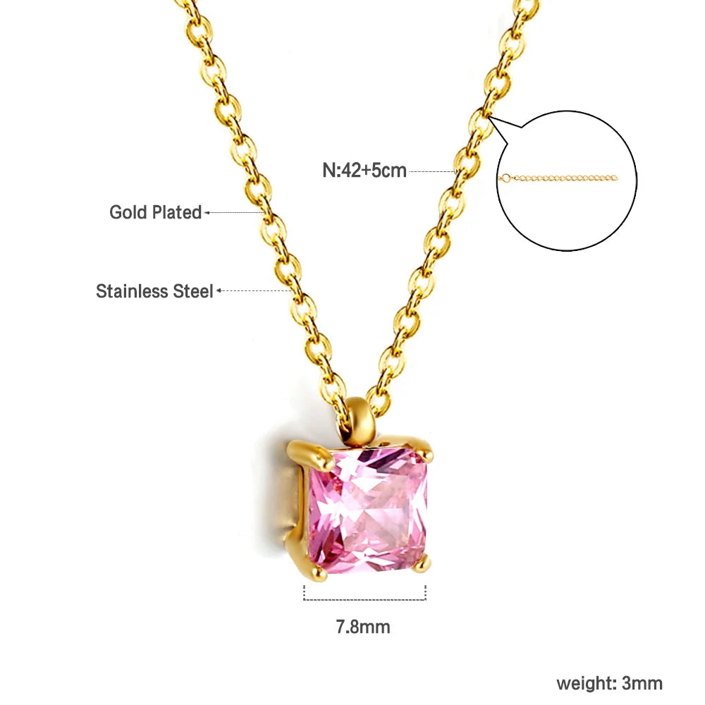 LUXUSTEEL Retro Colorful Square Crystal Pendant Necklace For Women Stainless Steel Figaro Chain Green White Red CZ Wedding Gift