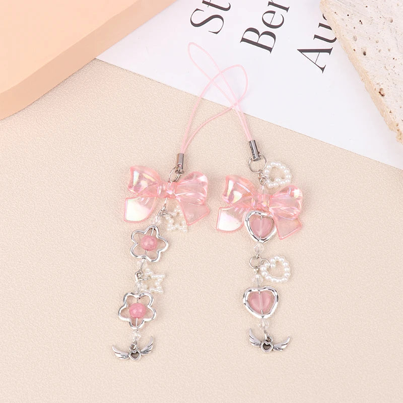 Kawaii Clear Heart Bow Knot Pendant Phone Charm Strap Camera Lanyard Sweet Cool Girl Jewelry Keychain