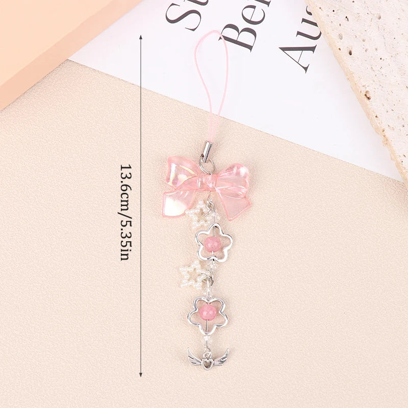 Kawaii Clear Heart Bow Knot Pendant Phone Charm Strap Camera Lanyard Sweet Cool Girl Jewelry Keychain