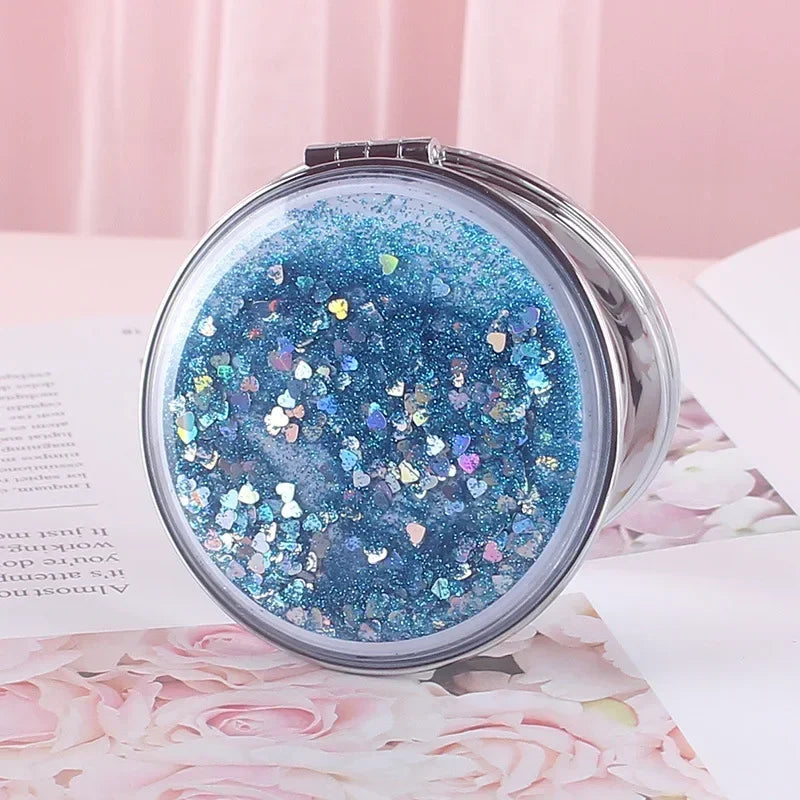 Portable Double-Sided Folding Cosmetic Mirror Female Gifts With Flowing Sparkling Sand Mini Makeup Mirror Compact Pocket Mirrors