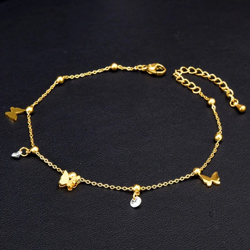 OIMG 316L Stainless Steel Gold Plated Not Fade Korean Sweet Frosting Butterfly Anklet for Women Girl Foot Accessories Waterproof